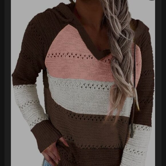 Sweaters - 💥3/$30💥 NWOT Biucly Knit Brown Hoodies Sweaters Loose Long Sleeve V Neck